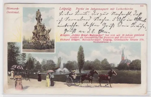 910481 Ak Leipzig. Partie im Johannapark mit Lutherkirche. Bismarck-Denkmal.1904