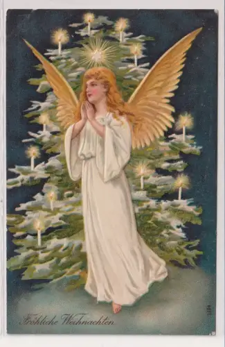 88974 Präge AK Fröhliche Weihnachten - Engel mit heiligen Schein vor Tannenbaum