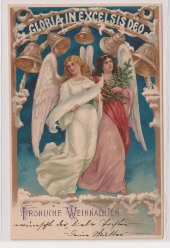 66583 AK Fröhliche Weihnachten - Gloria in Excelsis Deo, 2 Engel unter Glocken