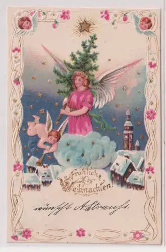 31334 AK Fröhliche Weihnachten - Engel auf Wolke trägt Tannenbaum 1902
