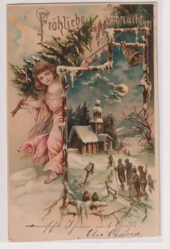 79479 AK Fröhliche Weihnachten Engel mit Tannenbaum hinter Winterlandschaft 1902