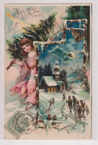 23223 AK Fröhliche Weihnachten Engel mit Tannenbaum hinter Winterlandschaft 1905