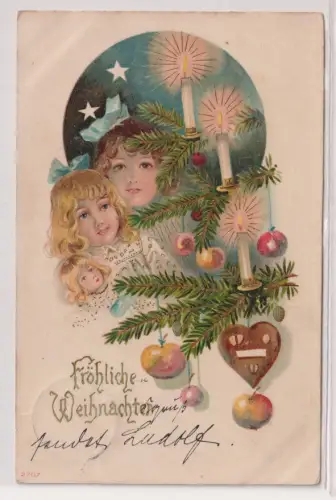 19017 AK Fröhliche Weihnachten - Kinder blicken auf geschmückten Tannenbaum 1904
