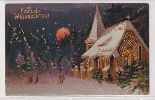 54148 AK Fröhliche Weihnachten - Winterlandschaft, beschneite Kirche 1910