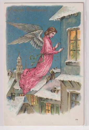 00912 AK Fröhliche Weihnachten - Engel fliegt an beleuchtetes Fenster 1908