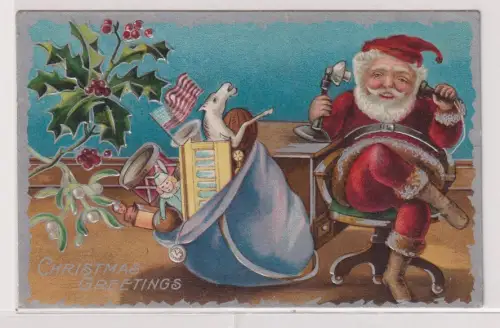 24848 AK Christmas Greetings - Weihnachtsmann telefoniert neben Geschenksack