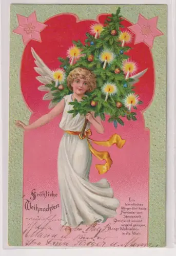 53529 Präge AK Fröhliche Weihnachten - Engel trägt Weihnachtsbaum 1899
