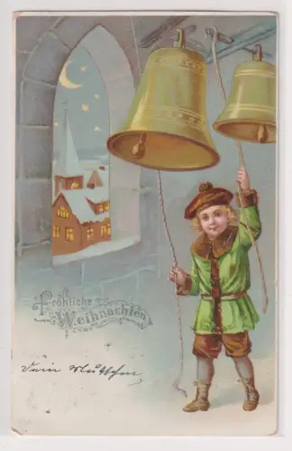 901538 AK Fröhliche Weihnachten - Junge läutet 2 Glocken vor Sternenhimmel 1900