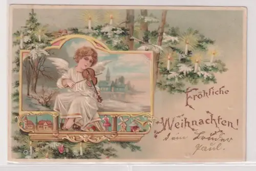 13783 AK Fröhliche Weihnachten! - Engel spielt Geige vor Winterlandschaft 1902