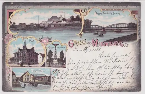 35420 Ak Lithographie Gruß aus Nienburg an der Saale Schützenhaus usw. 1899