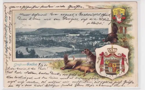 90609 Wappen Präge Ak Lithographie Gruß aus Gotha Totalansicht 1901