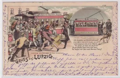 04487 Ak Lithographie Gruß aus Leipzig Erstürmung der elektr. Strassenbahn 1896