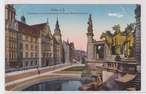 92789Ak Halle a.S.Poststraße mit Justizgebäude und Kaiser-Wilhelm-Denkmal.um1930