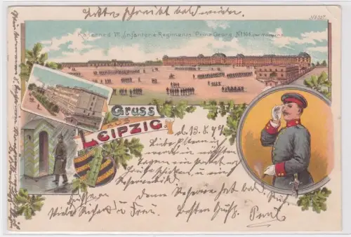 909760 Ak Lithographie Gruß aus Leipzig Kaserne Infanterie Regiment 106, 1899