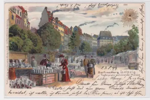 910007 Ak Lithographie Leipzig Barfussberg Töpferplatz während der Messe 1899