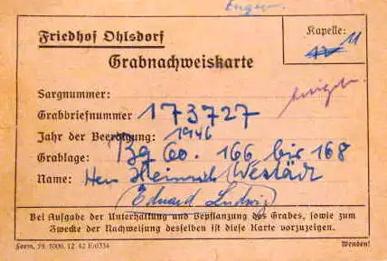 Friedhof Ohlsdorf Hamburg Grab Nachweiskarte 1946 Karte