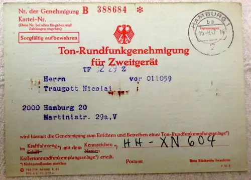 Ton Rundfunk Genehmigung Zweitgerät Hamburg 1957 für KFZ Radiogerät