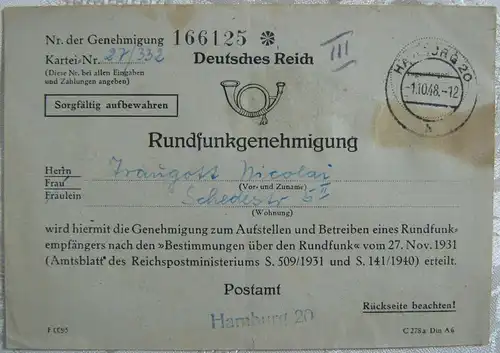 Historische Rundfunkgenehmigung Deutsches Reich 1948 Hamburg