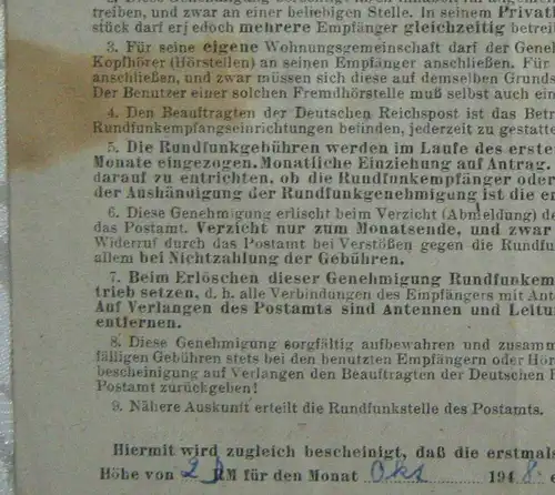 Historische Rundfunkgenehmigung Deutsches Reich 1948 Hamburg