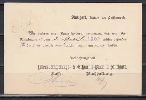 Dt.Reich Ganzsache MiNo. P 58X Stuttgart 1902 mit rs. Zudruck &quot;Lebensversicherungs-&amp;Ersparnis-Bank in Stuttgart