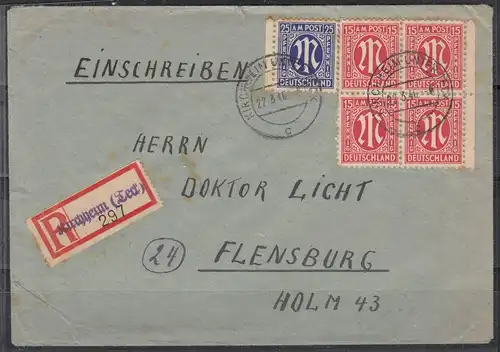 Bizone R-Brief mit Not-RZ Kirchheim (Teck) vom 22.3.46 nach Flensburg MiF 4x8z,9z