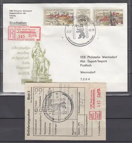 DDR R-Brief mit Streifen MiNo. 3030/31 sowie Einschreibemarke 1157 Juga und E-Schein SSt 1986