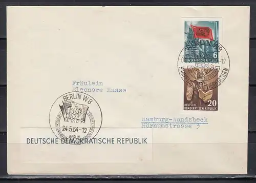 DDR 1954 Zusammendruck aus Block 8B MiNo. 386+388 auf Brief mit SSt Berlin W 8