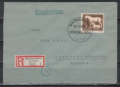 Dt.Reich R-Brief München-Riem/Rennplatz mit 1x 899 und SSt Das Braune Band 1944 München