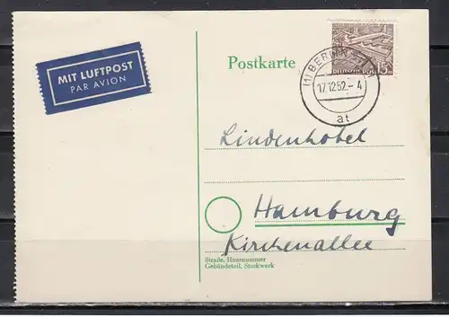 Berlin Luftpostkarte 1952 nach Hamburg mit 1x MiNo. 48 (85.-)