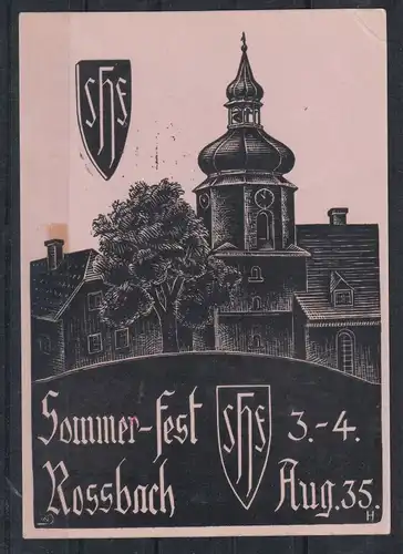 Sudetenland 1938 Sonderkarte Rossbach Sommer-Fest mit Befreiungsstempel