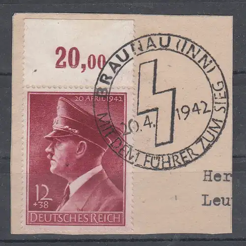 Dt.Reich MiNo. 813x Oberrand  auf Briefstück SSt Braunau (Inn) 20.4.1942