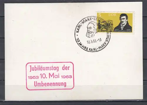 DDR 1953 - 1963 Sonderkarte \"10 Jahre Karl-Marx-Stadt\" Briefmarkenausstellung  SSt und roter Hinweis-o