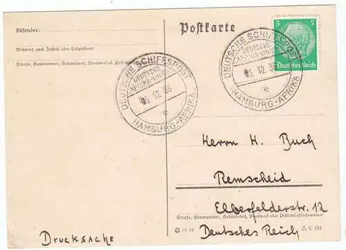 Dt,Reich DS-Karte EF 515 mit Steg-o \"Deutsche Schiffspost/Deutsche Afrika-Linien/5.12.36/Hamburg-Afrika\" 
