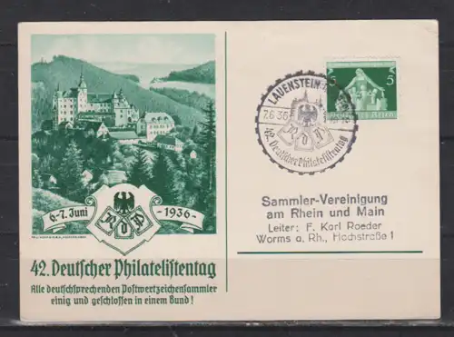Dt.Reich 1936 Sonderkarte \\\" 42.Deutscher Philatelistentag\\\" SSt Lauenstein auf MiNo. 618