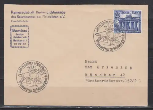 Dt.Reich MiNo. 803 auf Fernbrief mit SSt Hoppegarten(bBerlin)14.9.41/Grosser Preis der Reichshauptstadt