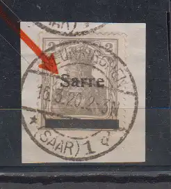 Saargebiet MiNo. 1 o Briefstück mit Aufdruckfehler QII \" Einkerbung am S von Saare 