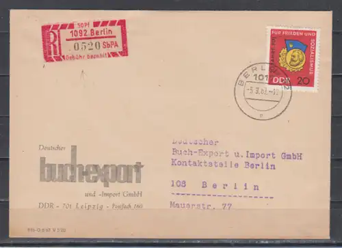 DDR Einschreibemarke 1092 Berlin in MiF mit 1167 auf Brief 1967 \"Deutscher Buchexport\" (60.-)