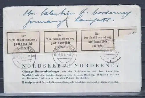 Dt.Reich MiNo.522 auf illustriertem Faltbrief \" Norderney\" 1937 nach England mit Devisenkontrolle