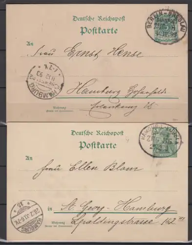 Dt.Reich 1893 und 1900 Bahnpost-o Berlin-Breslau und Hamburg-Lübeck auf  Ganzsachen 