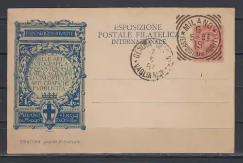 Italien 1894 Privatganzsache \"Esposizione Postale Filatelitica Internationale\" mit SSt Milano 