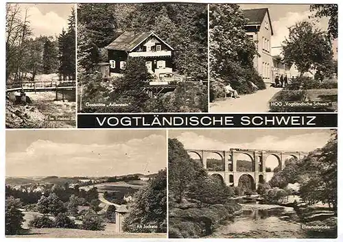 Alte Ansichtskarte/AK/Postkarte: Vogtländische Schweiz (Gaststätte „Adlerstein“, HOG „Vogtländische Schweiz“, Alt-Jocketa u. a. m.)