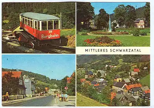 Alte Ansichtskarte/AK/Postkarte: „Mittleres Schwarzatal“ (Obstfelderschmiede Bergbahn; Meuselbach-Schwarzmühle; Sitzendorf; Mellenbach-Glasbach
