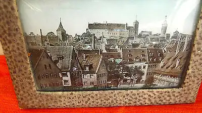 Antike Holzschachtel Stoffbezug Andenken an Nürnberg Ansicht Altstadt Perlmutt