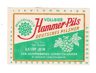 Altes Bieretikett BE DDR Hammer Pils VEB Hammerbräu Lemnitzhammer