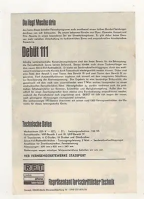 DDR Reklame Blatt Technische Daten Fernseh  Debüt 111 RFT Strassfurt