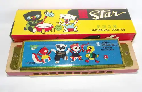 Vintage Star Printed Harmonica Toy Tin & Wood 1970s China