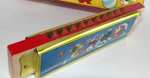 Vintage Star Printed Harmonica Toy Tin & Wood 1970s China