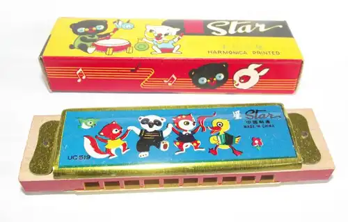 Vintage Star Printed Harmonica Toy Tin & Wood 1970s China