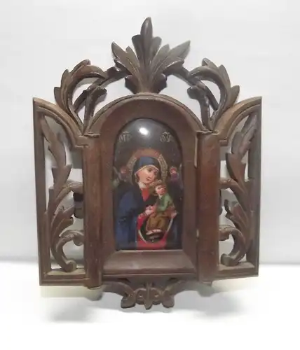 Antiker Hausaltar Holz geschnitzt Puppenstube Altar Porzellan Bild Russland