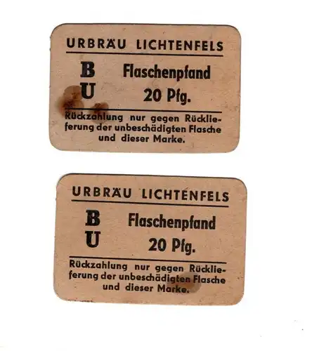 2  mal. Flaschenpfand Papier Marke Brauerei Urbräu Lichtenfels
